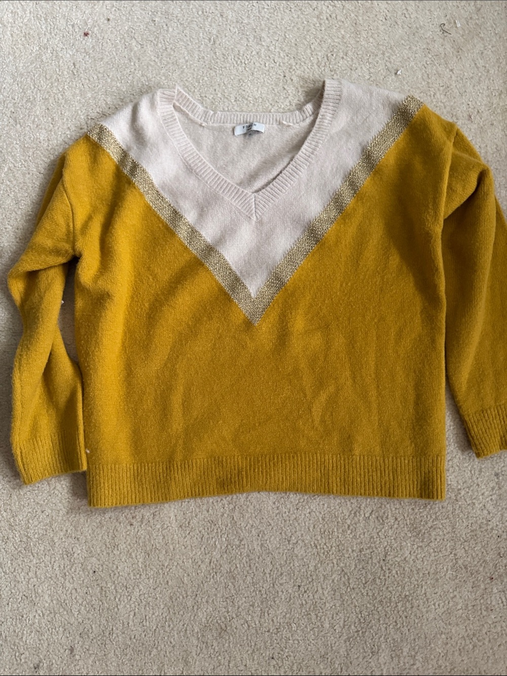 FRNCH Mustard and Cream V-Neck Colorblock Sweater